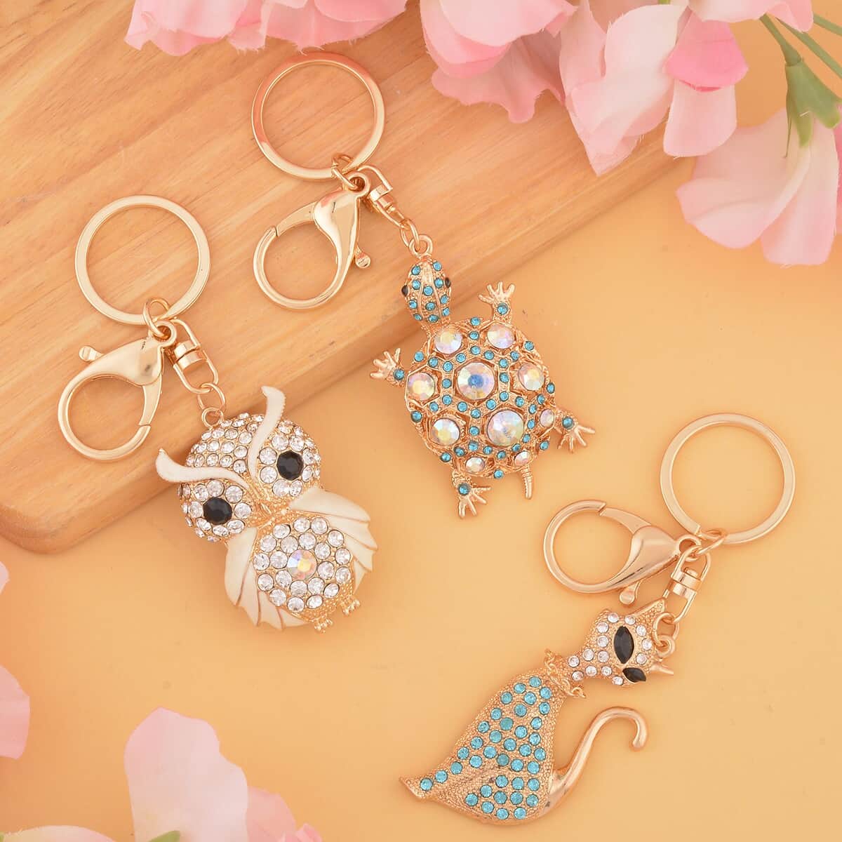 Set of 3 Multi Color Austrian Crystal, Enameled Owl, Cat and Tortoise Keychain in Goldtone, Cute Keychains, Key Holders, Key Rings, Cool Keychains image number 1