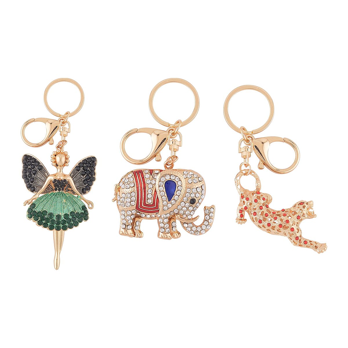 Set of 3 Multi Color Austrian Crystal, Enameled Elephant, Leopard and Angel Keychain in Goldtone, Cute Keychains, Key Holders, Key Rings, Cool Keychains image number 0
