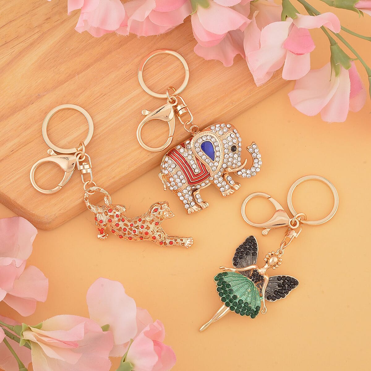 Set of 3 Multi Color Austrian Crystal, Enameled Elephant, Leopard and Angel Keychain in Goldtone, Cute Keychains, Key Holders, Key Rings, Cool Keychains image number 1