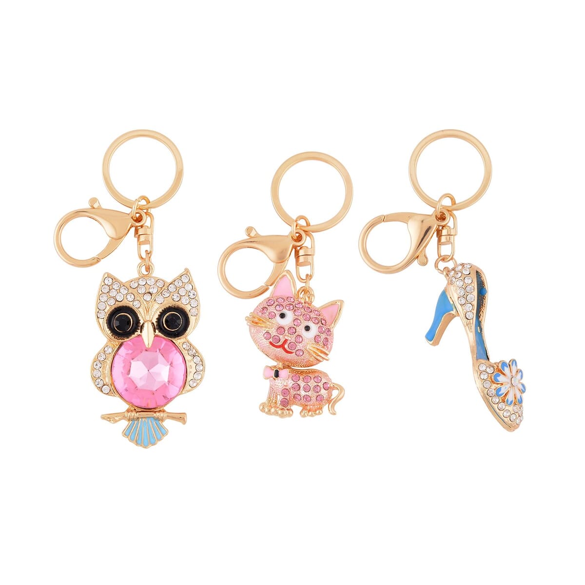 Set of 3 Multi Color Austrian Crystal, Enameled Owl, Cat and High Heel Keychain in Goldtone, Cute Keychains, Key Holders, Key Rings, Cool Keychains image number 0