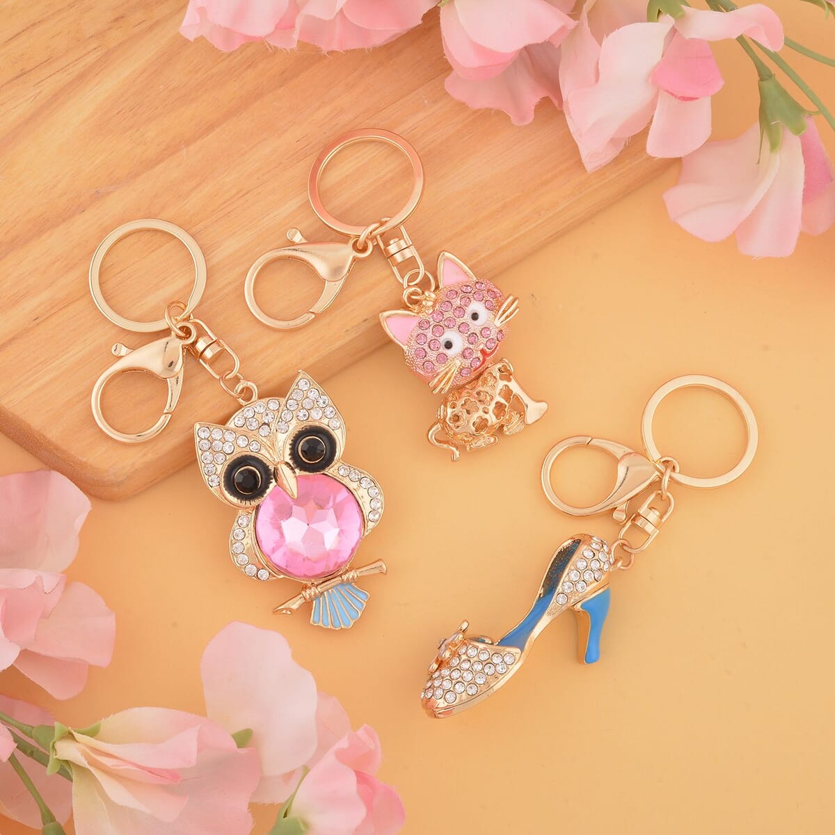 Set of 3 Multi Color Austrian Crystal, Enameled Owl, Cat and High Heel Keychain in Goldtone, Cute Keychains, Key Holders, Key Rings, Cool Keychains image number 1