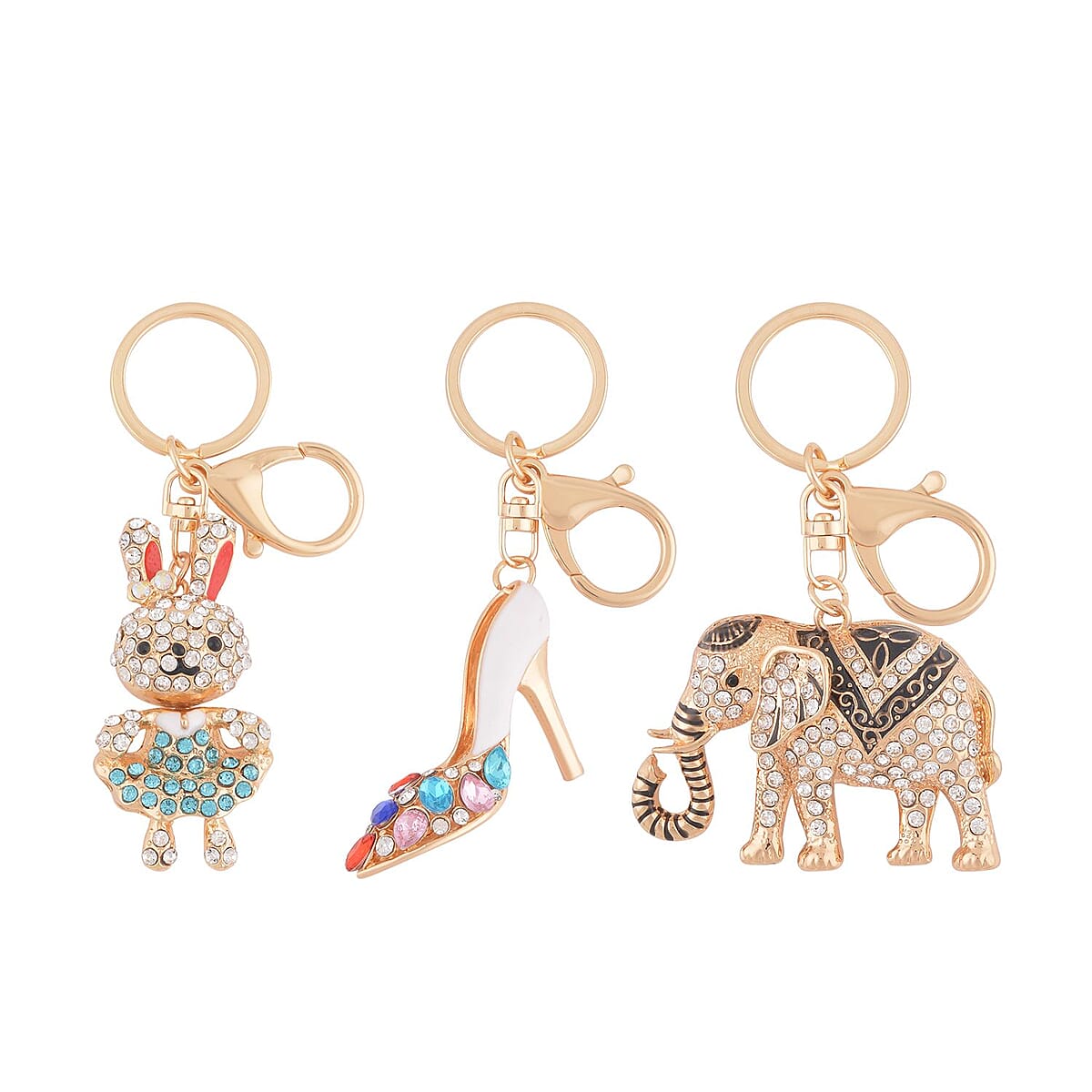 Set of 3 Multi Color Austrian Crystal, Enameled Elephant, Rabbit and High Heel Keychain in Goldtone,  Cute Keychains, Key Holders, Key Rings, Cool Keychains image number 0