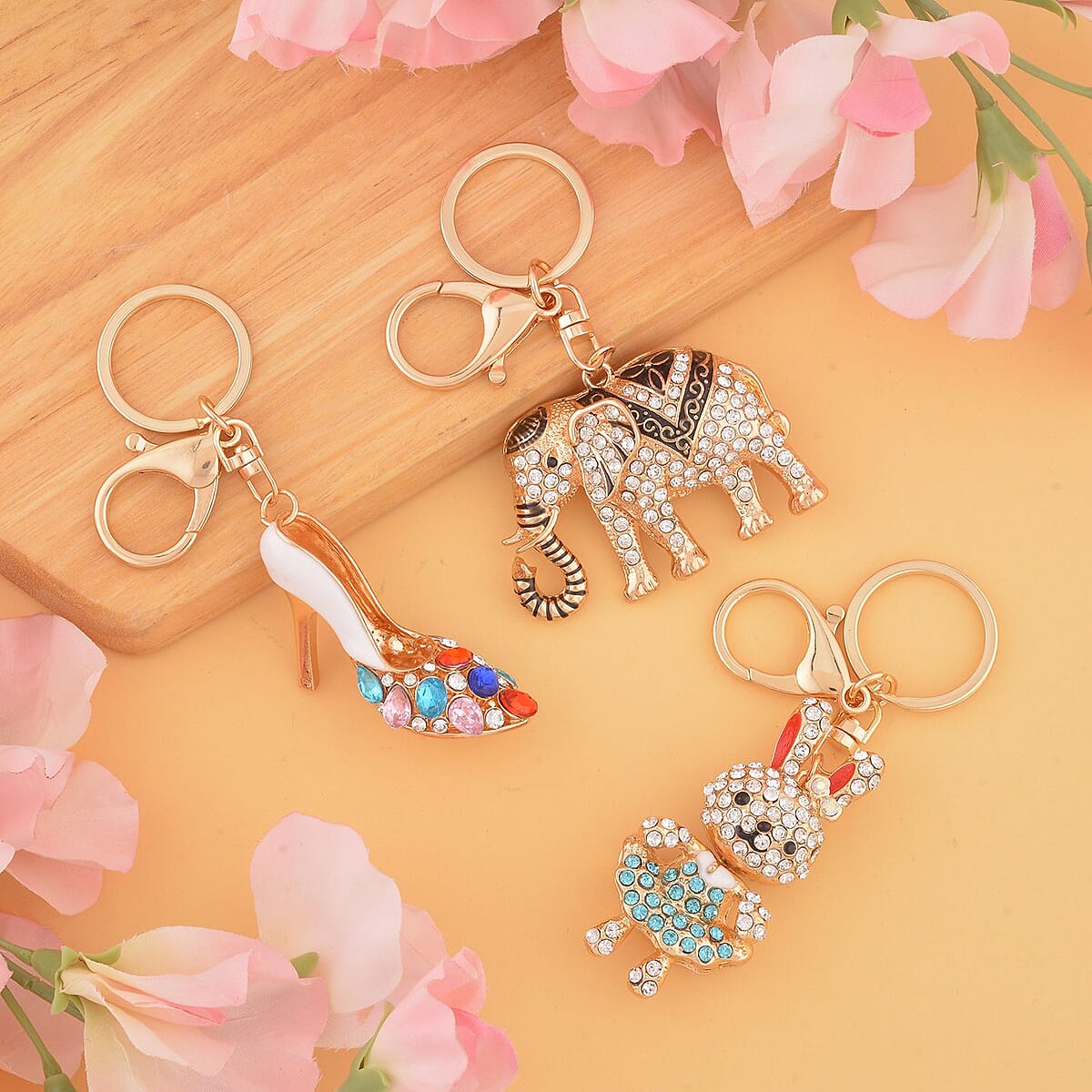 Set of 3 Multi Color Austrian Crystal, Enameled Elephant, Rabbit and High Heel Keychain in Goldtone,  Cute Keychains, Key Holders, Key Rings, Cool Keychains image number 1