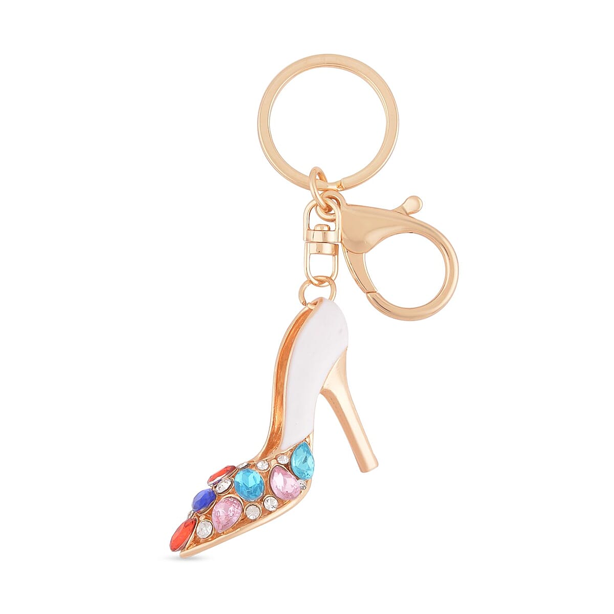 Set of 3 Multi Color Austrian Crystal, Enameled Elephant, Rabbit and High Heel Keychain in Goldtone,  Cute Keychains, Key Holders, Key Rings, Cool Keychains image number 4