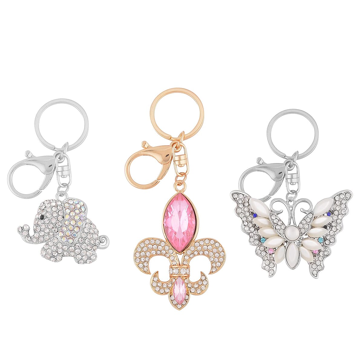 Set of 3 Multi Color Austrian Crystal, Resin, Enameled Marquise, Elephant, and Butterfly Keychain in Goldtone, Cute Keychains, Key Holders, Key Rings, Cool Keychains image number 0