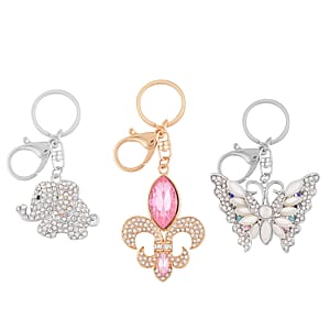Set of 3 Multi Color Austrian Crystal, Resin, Enameled Marquise, Elephant, and Butterfly Keychain in Goldtone, Cute Keychains, Key Holders, Key Rings, Cool Keychains
