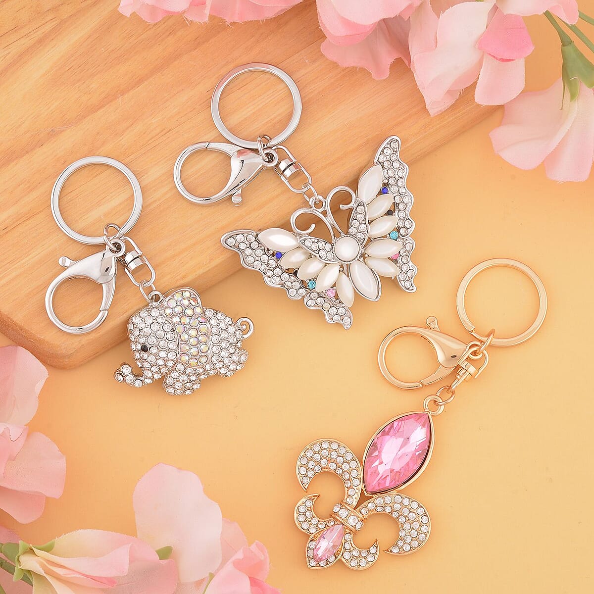 Set of 3 Multi Color Austrian Crystal, Resin, Enameled Marquise, Elephant, and Butterfly Keychain in Goldtone, Cute Keychains, Key Holders, Key Rings, Cool Keychains image number 1