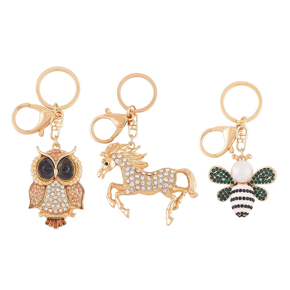 Set of 3 Multi Color Austrian Crystal, Resin, Enameled Bee, Owl and Horse Keychain in Silvertone and Goldtone, Cute Keychains, Key Holders, Key Rings, Cool Keychains image number 0