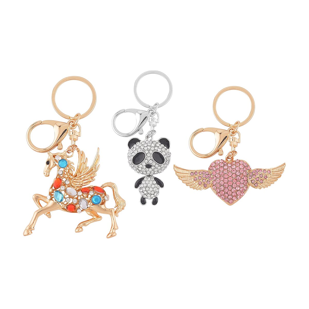 Set of 3 Multi Color Austrian Crystal, Enameled Pegasus, Heart and Panda Keychain in Goldtone, Cute Keychains, Key Holders, Key Rings, Cool Keychains image number 0