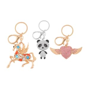 Set of 3 Multi Color Austrian Crystal, Enameled Pegasus, Heart and Panda Keychain in Goldtone, Cute Keychains, Key Holders, Key Rings, Cool Keychains