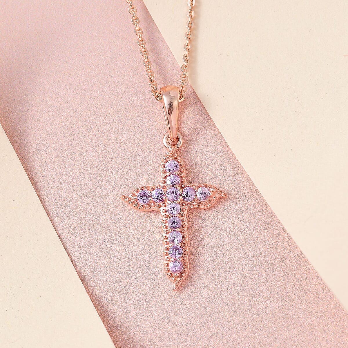 Madagascar Purple Sapphire Cross Pendant Necklace 20 Inches in Vermeil Rose Gold Over Sterling Silver 0.35 ctw image number 1