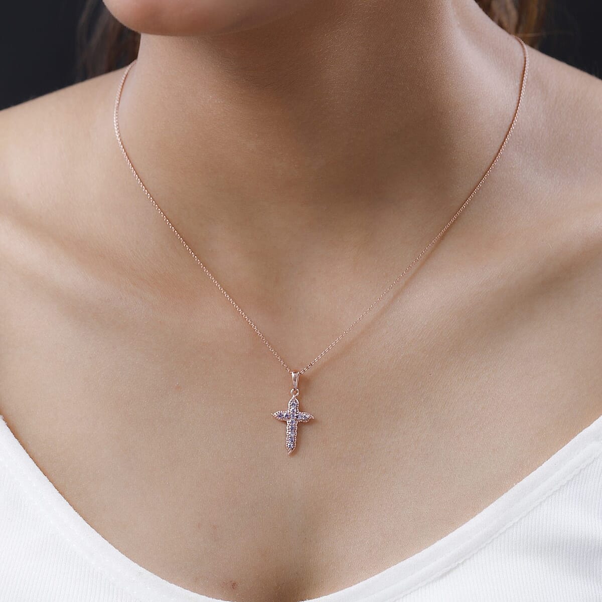Madagascar Purple Sapphire Cross Pendant Necklace 20 Inches in Vermeil Rose Gold Over Sterling Silver 0.35 ctw image number 2