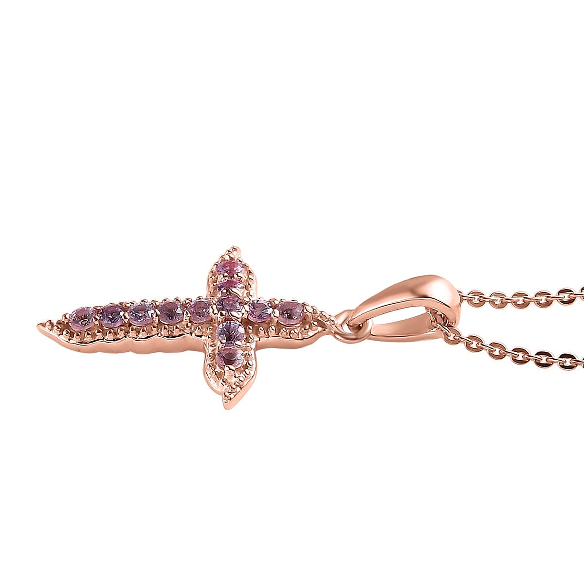 Madagascar Purple Sapphire Cross Pendant Necklace 20 Inches in Vermeil Rose Gold Over Sterling Silver 0.35 ctw image number 3