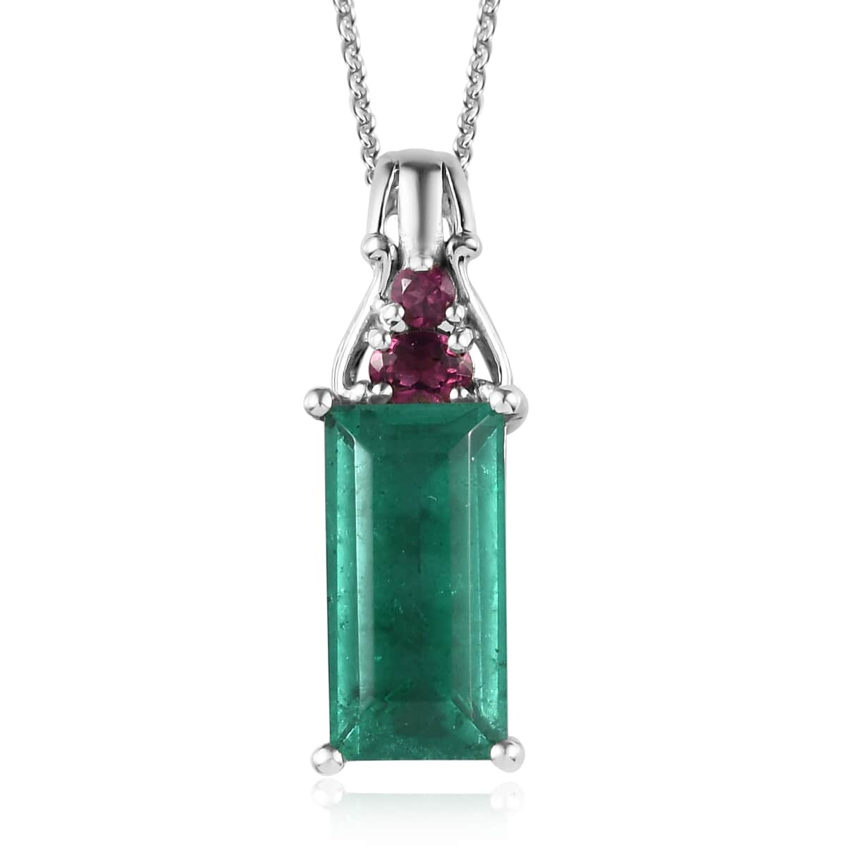 Emeraldine Quartz (Triplet) and Orissa Rhodolite Garnet Pendant Necklace 20 Inches in Platinum Over Sterling Silver 5.15 ctw image number 0