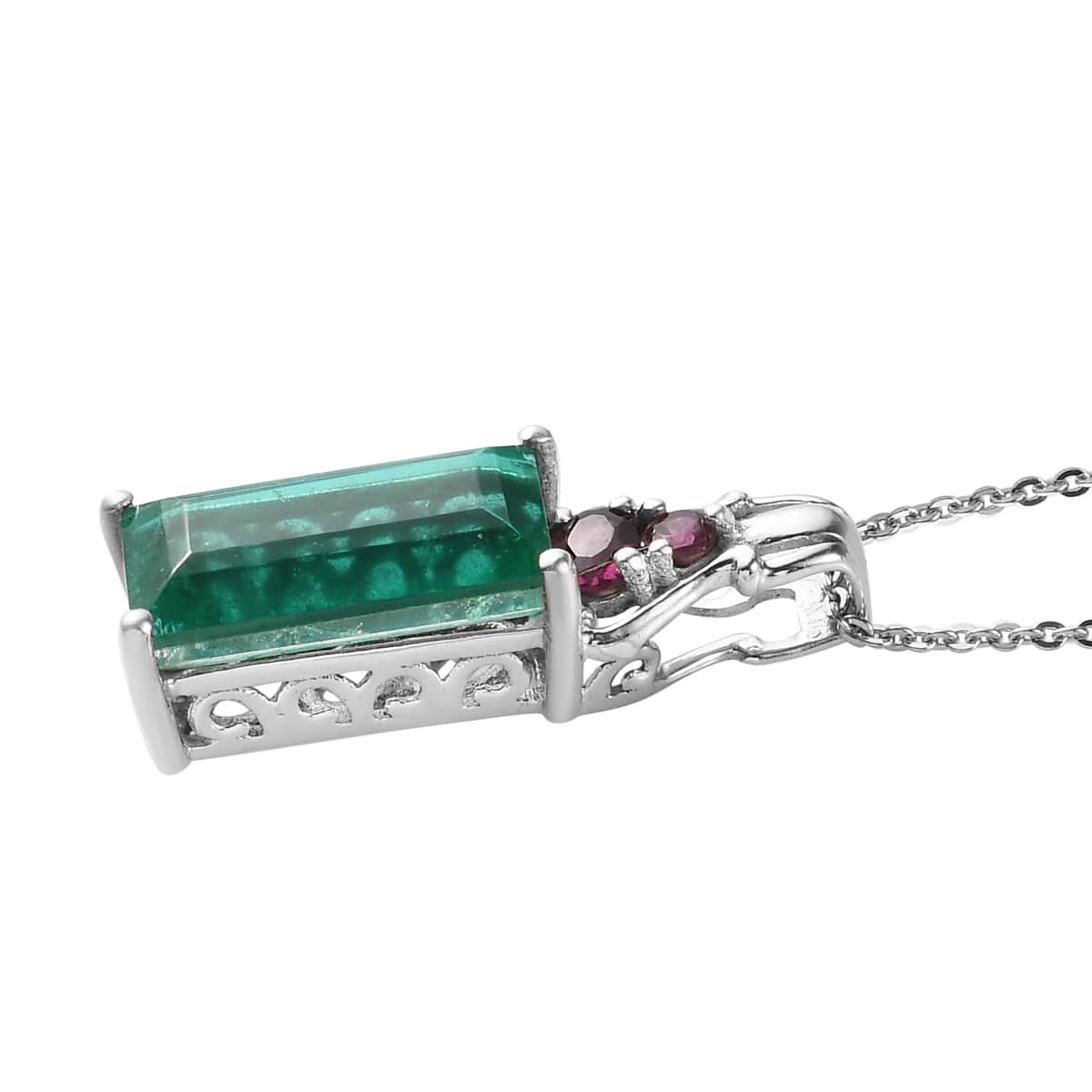 Emeraldine Quartz (Triplet) and Orissa Rhodolite Garnet Pendant Necklace 20 Inches in Platinum Over Sterling Silver 5.15 ctw image number 3