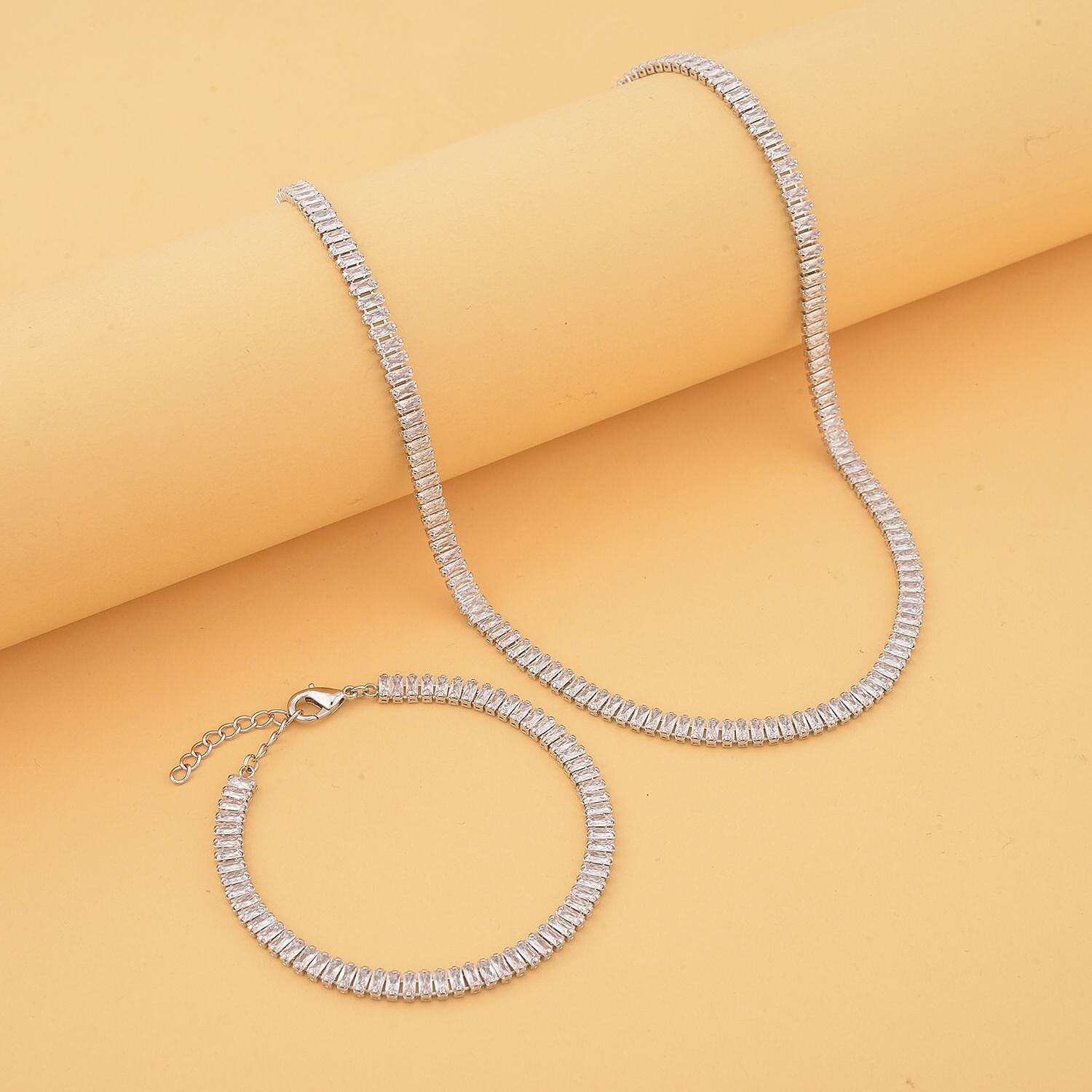 Simulated Diamond Tennis Bracelet (6.75-8.75In) and Necklace 16.5-19.5 Inches in Silvertone 50.00 ctw