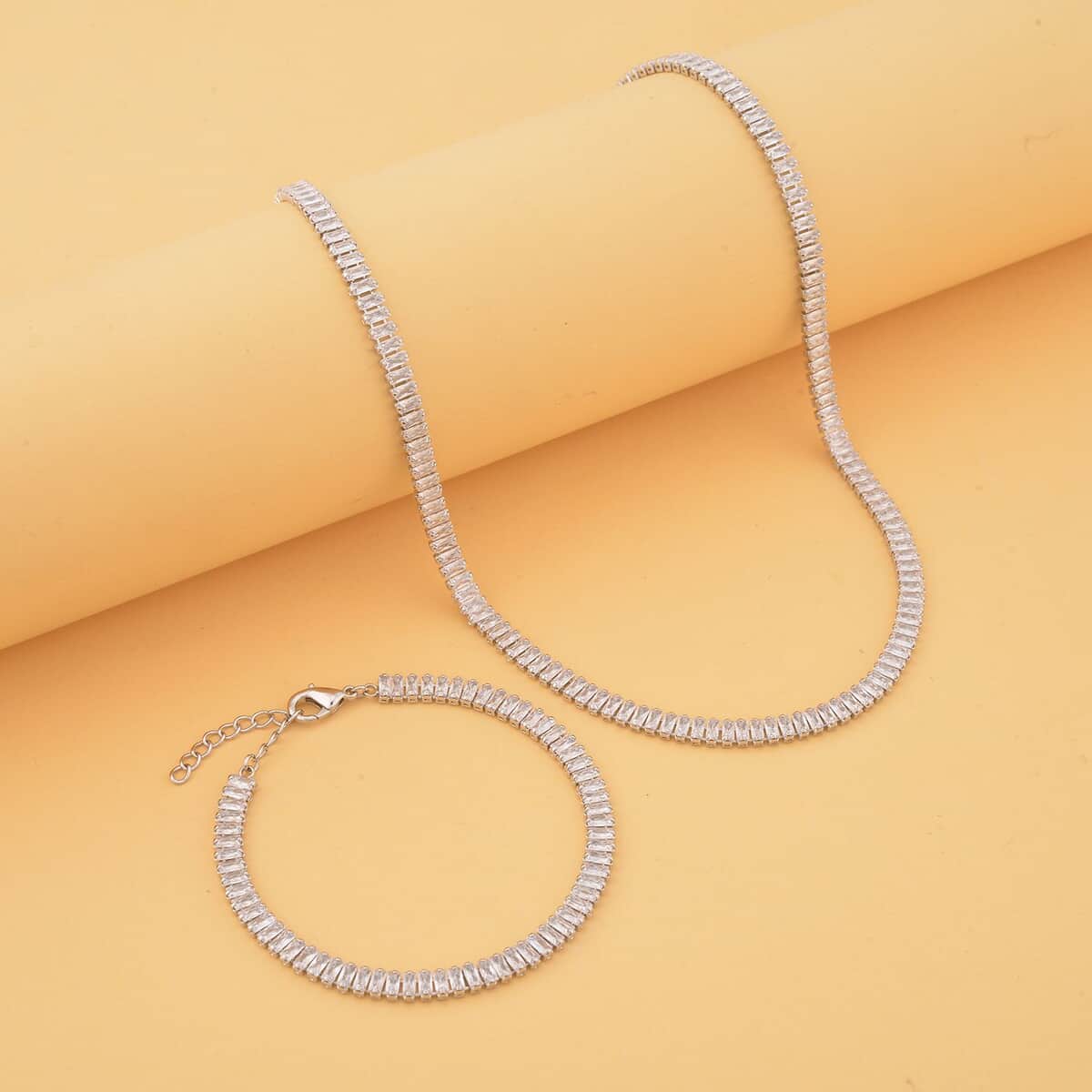 Simulated Diamond Tennis Bracelet (6.75-8.75In) and Necklace 16.5-19.5 Inches in Silvertone 50.00 ctw image number 1