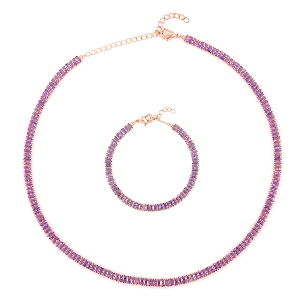 Simulated Amethyst Color Diamond Tennis Bracelet (6.75-8.75In) and Necklace 16.5-19.5 Inches in Rosetone 50.00 ctw image number 0