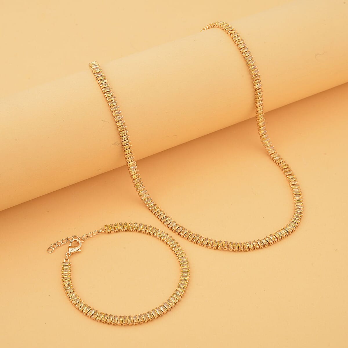 Simulated Yellow Diamond Tennis Bracelet (6.75-8.75In) and Necklace 16.5-19.5 Inches in Goldtone 50.00 ctw image number 1