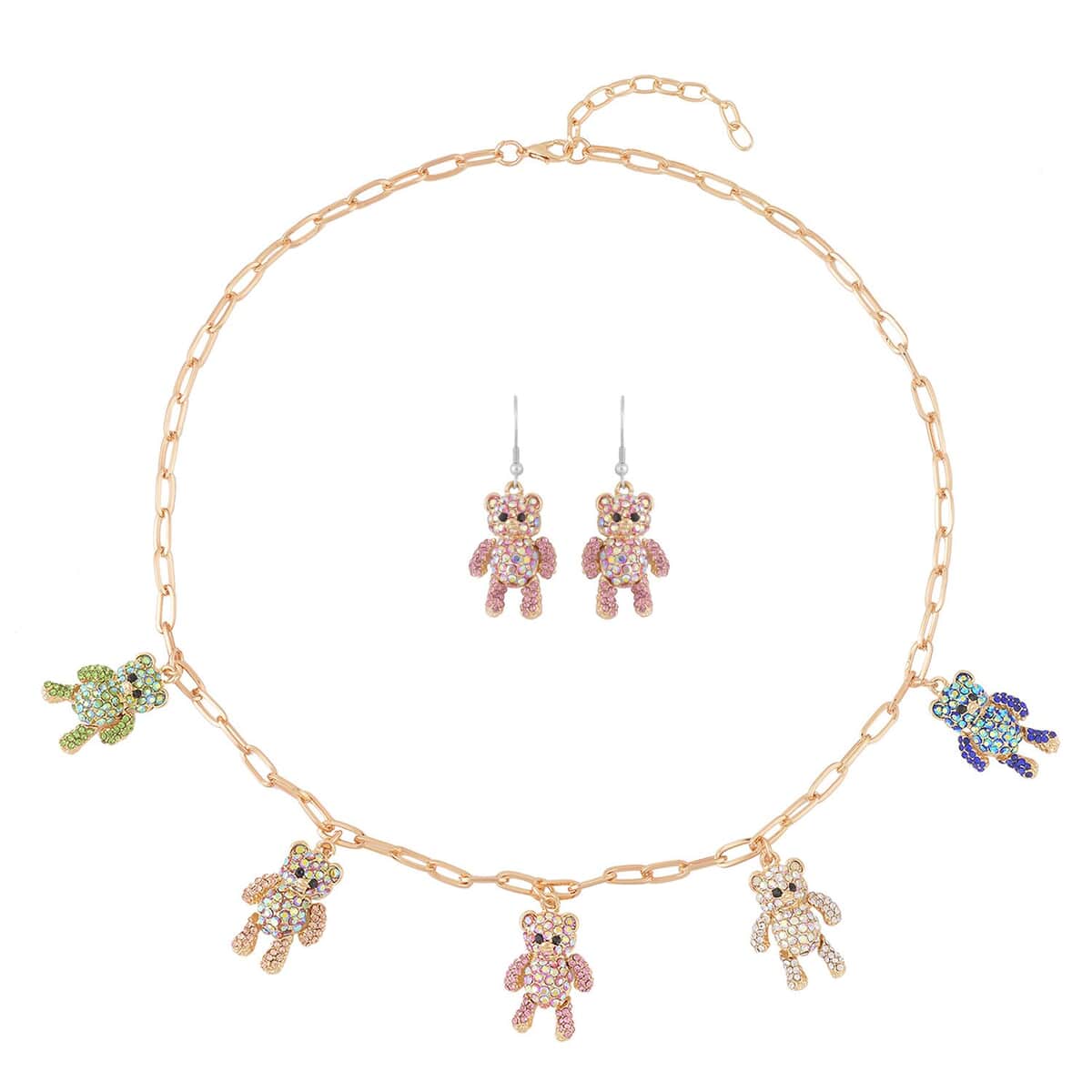 Multi Color Austrian Crystal Teddy Bear Earrings and Necklace 20-22 Inches in Goldtone image number 0