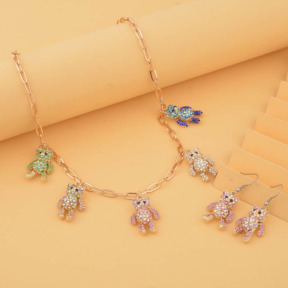 Multi Color Austrian Crystal Teddy Bear Earrings and Necklace 20-22 Inches in Goldtone image number 1