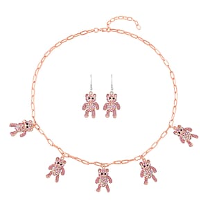 Pink Color Austrian Crystal Teddy Bear Earrings and Necklace 20 Inches in Rosetone