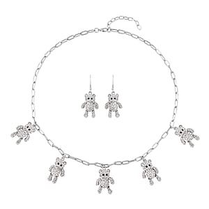 White and Black Austrian Crystal Teddy Bear Earrings and Necklace 20-22 Inches in Silvertone