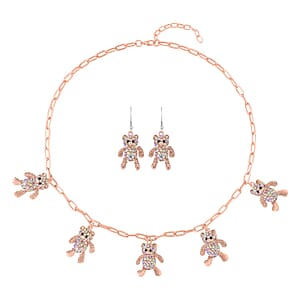Champagne Austrian Crystal Teddy Bear Earrings and Necklace 20-22 Inches in Rosetone