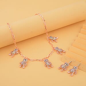 Champagne Austrian Crystal Teddy Bear Earrings and Necklace 20-22 Inches in Rosetone
