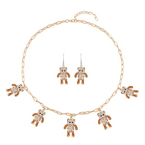 Yellow Austrian Crystal Teddy Bear Earrings and Necklace 20-22 Inches in Goldtone