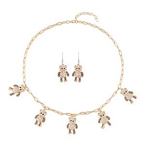 Aurora Borealis Austrian Crystal Teddy Bear Earrings and Necklace 20-22 Inches in Goldtone