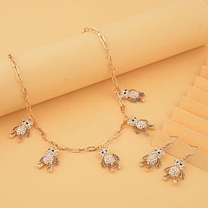 Aurora Borealis Austrian Crystal Teddy Bear Earrings and Necklace 20-22 Inches in Goldtone