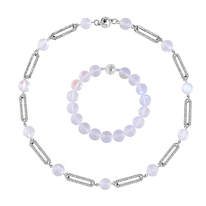 White Aurora Borealis Glass and Austrian Crystal Set of Bracelet (7.25In) and Necklace 19 Inches in Silvertone