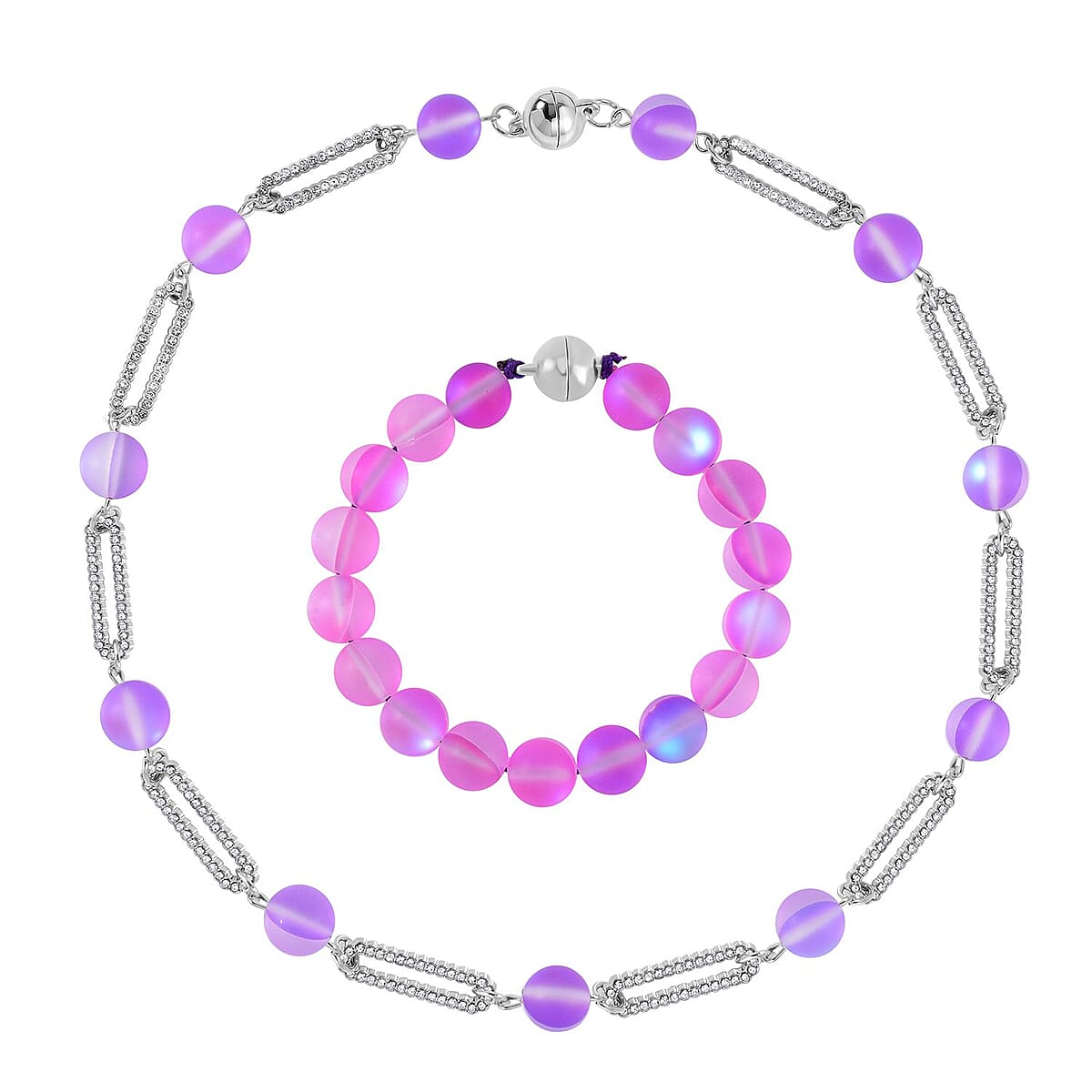 Purple Aurora Borealis Glass and Purple Austrian Crystal Set of Bracelet (7.25In) and Necklace 19 Inches in Silvertone image number 0