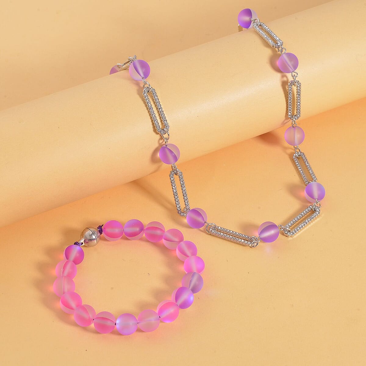 Purple Aurora Borealis Glass and Purple Austrian Crystal Set of Bracelet (7.25In) and Necklace 19 Inches in Silvertone image number 1