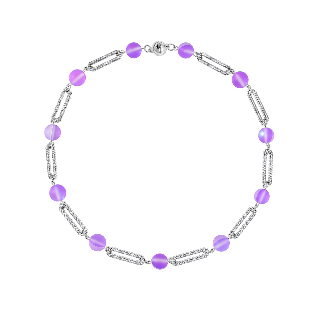 Purple Aurora Borealis Glass and Purple Austrian Crystal Set of Bracelet (7.25In) and Necklace 19 Inches in Silvertone image number 3