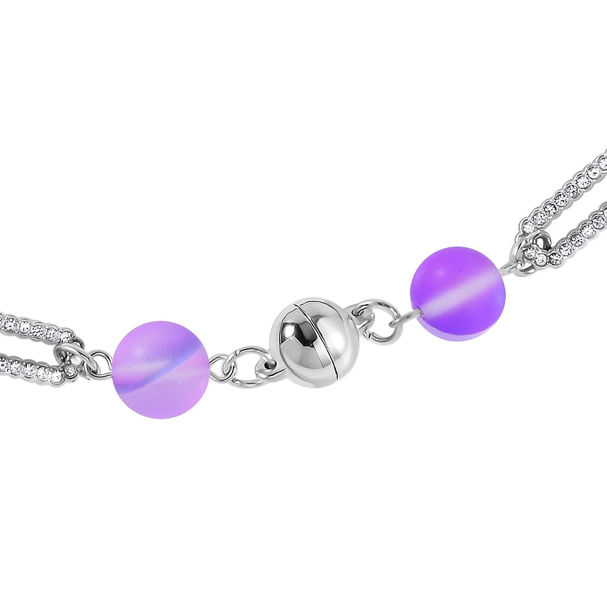 Purple Aurora Borealis Glass and Purple Austrian Crystal Set of Bracelet (7.25In) and Necklace 19 Inches in Silvertone image number 5