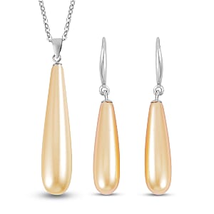 Golden Shell Pearl Drop Earrings and Pendant in Sterling Silver with Stainless Steel Necklace 20 Inches