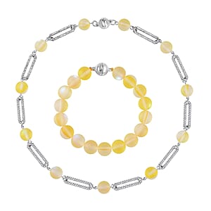 Yellow Aurora Borealis Glass and Yellow Austrian Crystal Set of Bracelet (7.25In) and Necklace in Goldtone 19 Inches