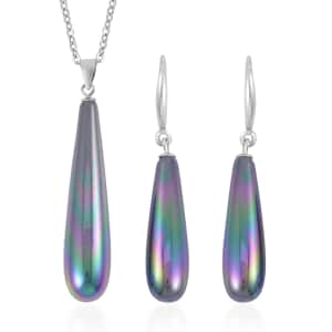 Peacock Color Shell Pearl Drop Earrings and Pendant in Sterling Silver with Stainless Steel Necklace 20 Inches