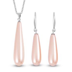 Peach Shell Pearl Drop Earrings and Pendant in Sterling Silver with Stainless Steel Necklace 20 Inches