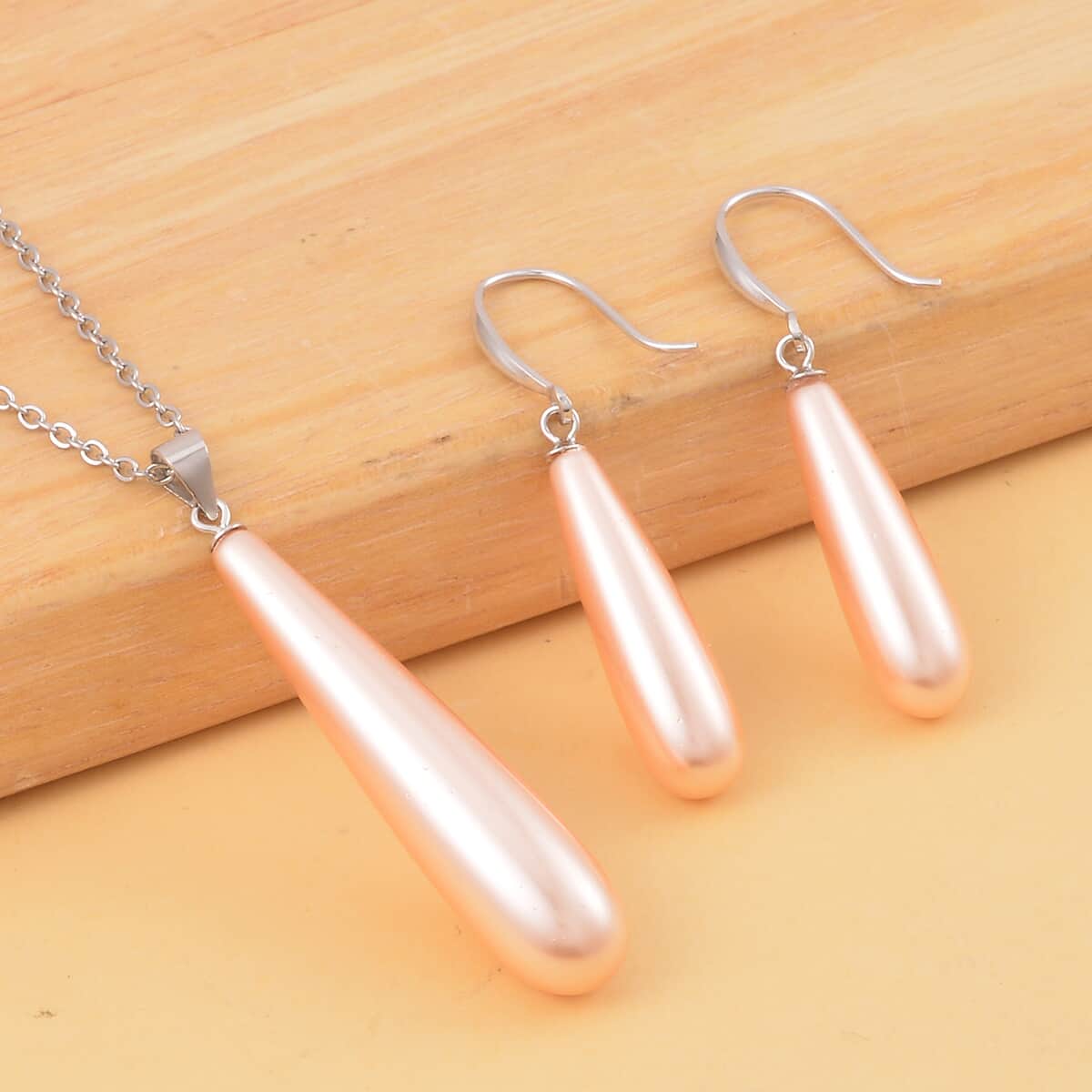 Peach Shell Pearl Drop Earrings and Pendant in Sterling Silver with Stainless Steel Necklace 20 Inches image number 1