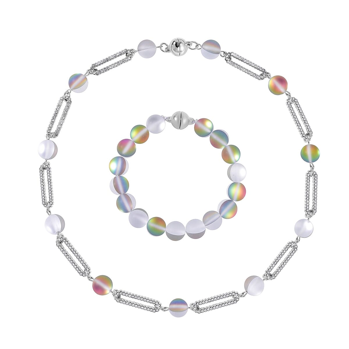 Mystic Color Aurora Borealis Glass and Mystic Color Austrian Crystal Set of Bracelet (7.25In) and Necklace 19 Inches in Silvertone image number 0