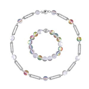 Mystic Color Aurora Borealis Glass and Mystic Color Austrian Crystal Set of Bracelet (7.25In) and Necklace 19 Inches in Silvertone