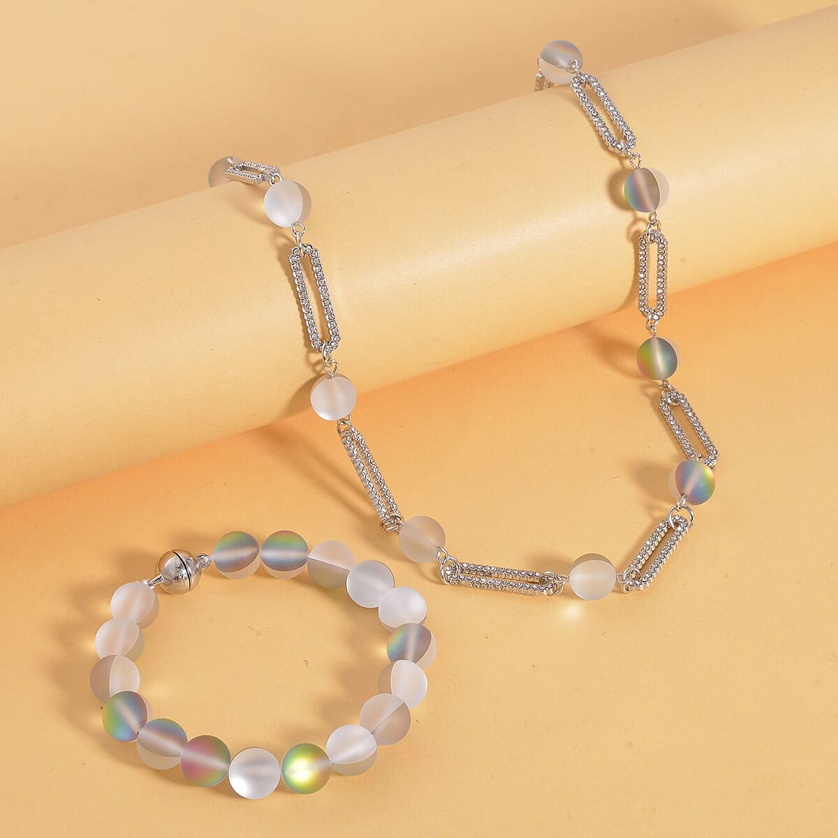 Mystic Color Aurora Borealis Glass and Mystic Color Austrian Crystal Set of Bracelet (7.25In) and Necklace 19 Inches in Silvertone image number 1