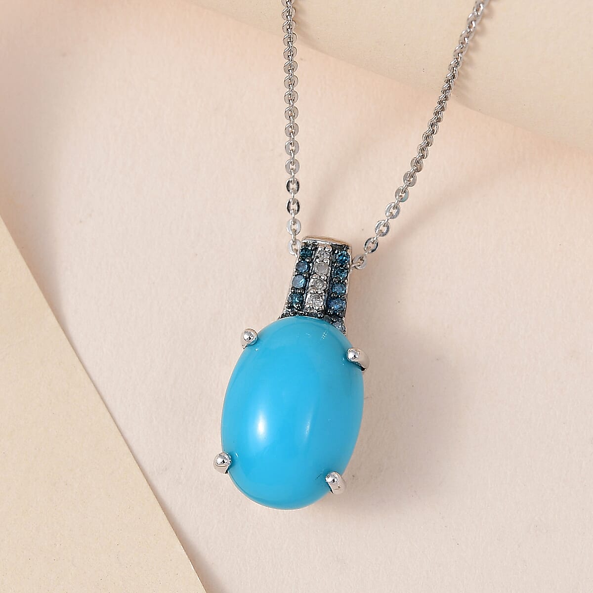 Sleeping Beauty Turquoise, Blue and White Diamond Pendant Necklace 20 Inches in Platinum Over Sterling Silver 5.10 ctw image number 1