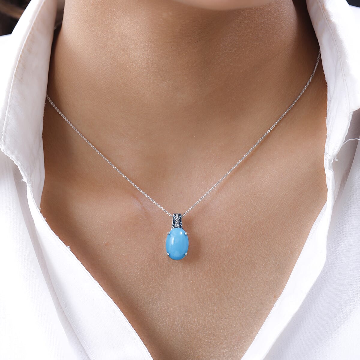 Sleeping Beauty Turquoise, Blue and White Diamond Pendant Necklace 20 Inches in Platinum Over Sterling Silver 5.10 ctw image number 2