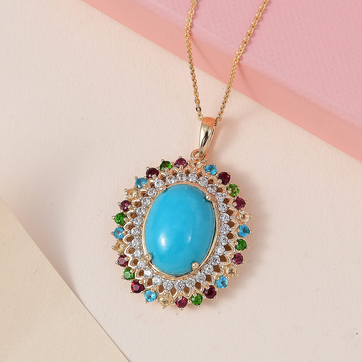 Sleeping Beauty Turquoise and Multi Gemstone Cocktail Pendant Necklace 20 Inches in Vermeil Yellow Gold Over Sterling Silver 9.50 ctw image number 1