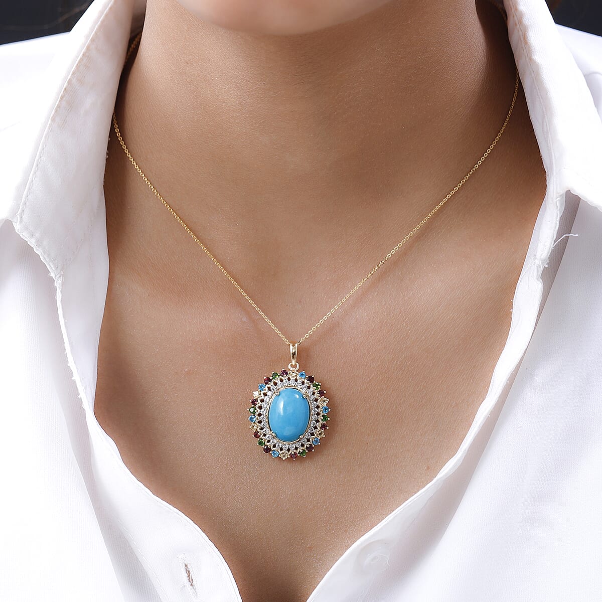 Sleeping Beauty Turquoise and Multi Gemstone Cocktail Pendant Necklace 20 Inches in Vermeil Yellow Gold Over Sterling Silver 9.50 ctw image number 2