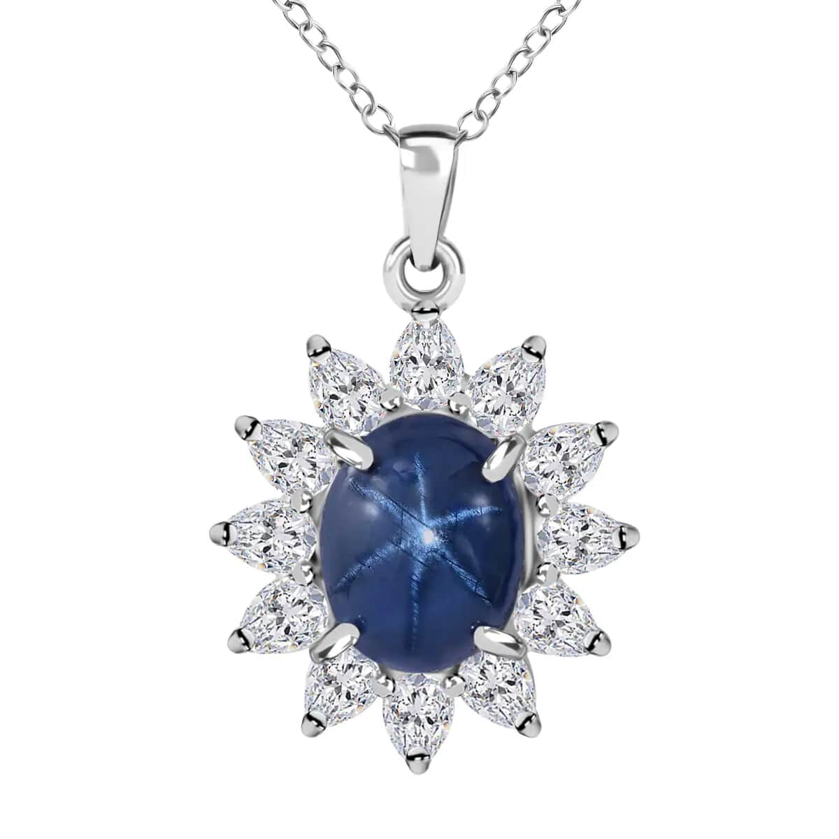 Blue Star Sapphire (DF) and Moissanite Sunburst Pendant Necklace 18 Inches in Platinum Over Sterling Silver 7.15 ctw image number 0